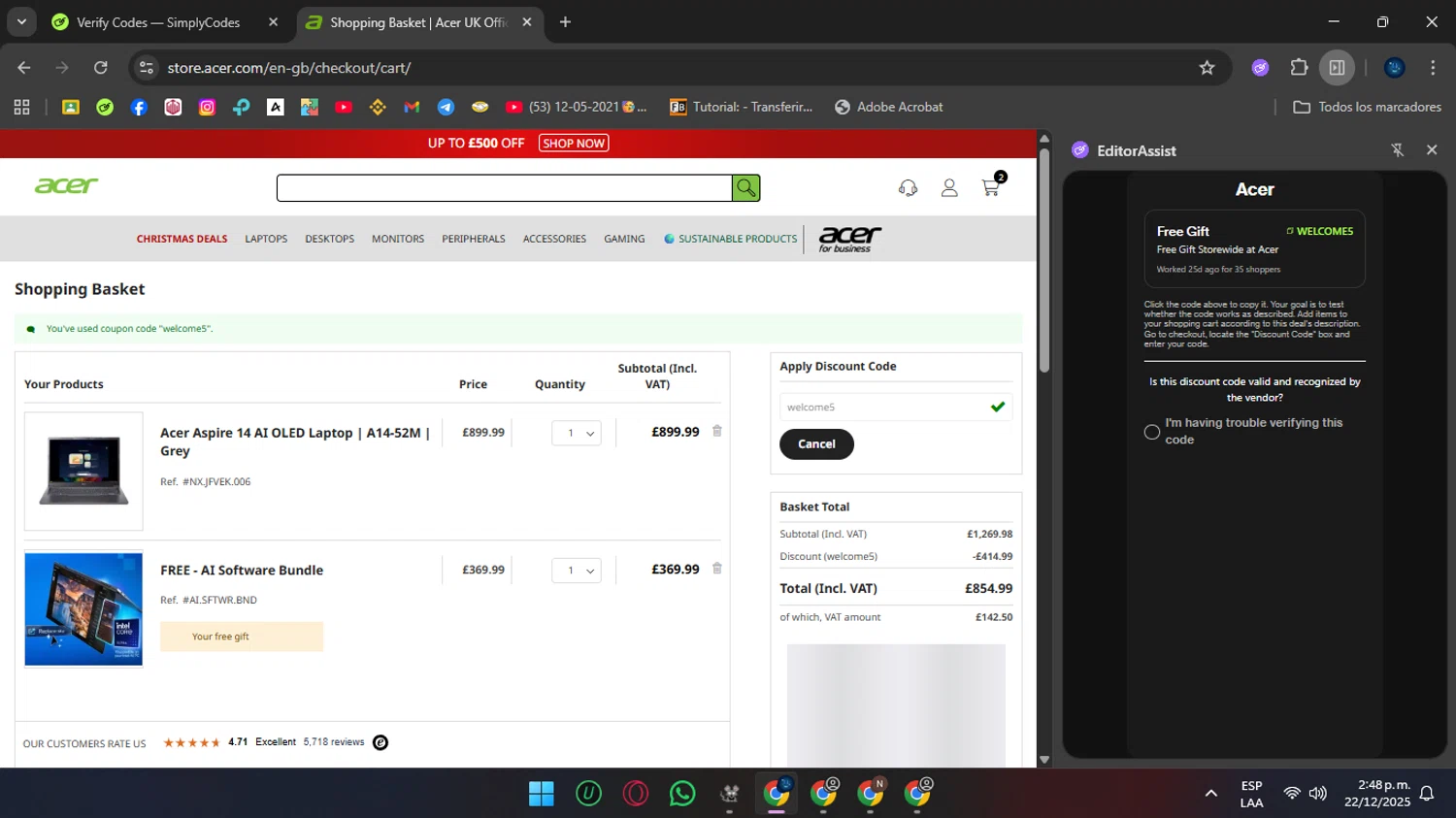 Acer promo code screenshot showing code welcome5 applied at Acer checkout page. Uploaded by SimplyCodes community member Crchirino1 on Dec 22, 2025