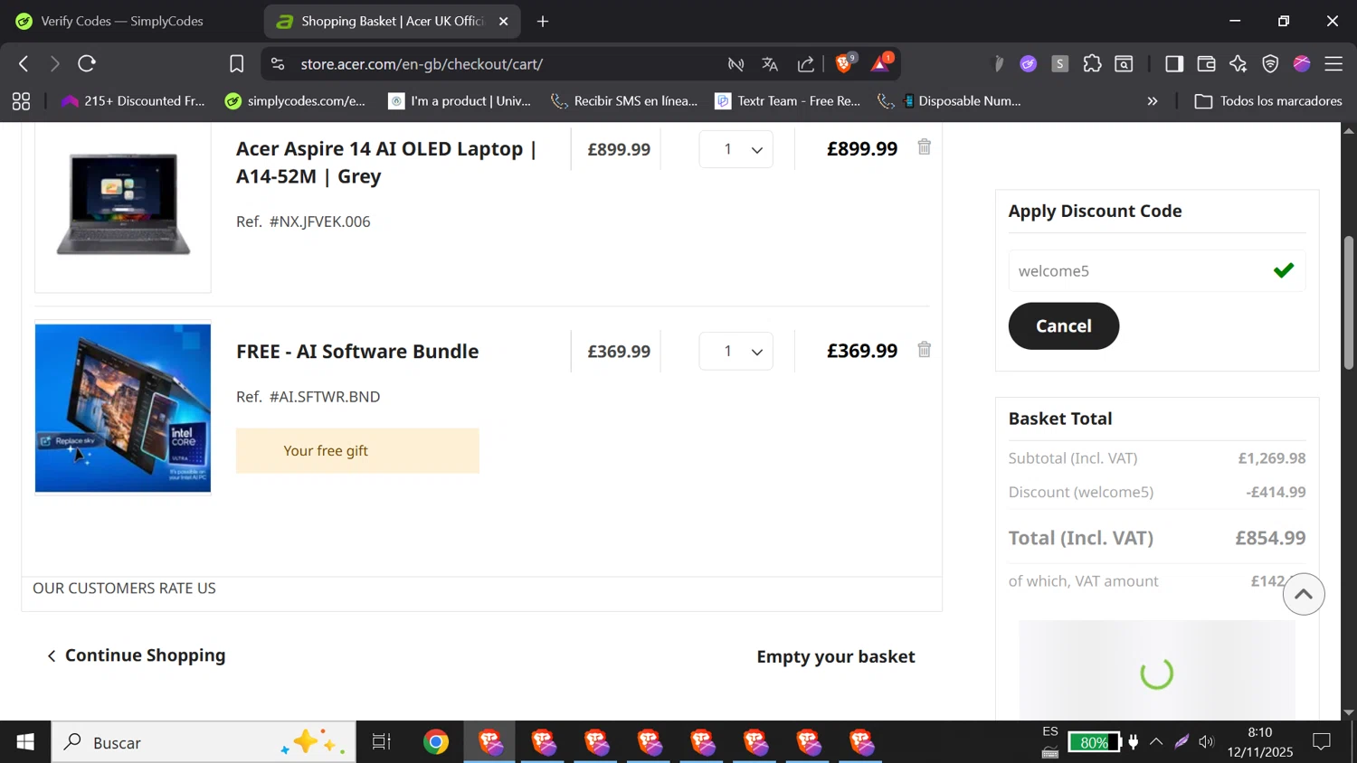 Acer promo code screenshot showing code welcome5 applied at Acer checkout page. Uploaded by SimplyCodes community member DORIANGEL on Nov 12, 2025