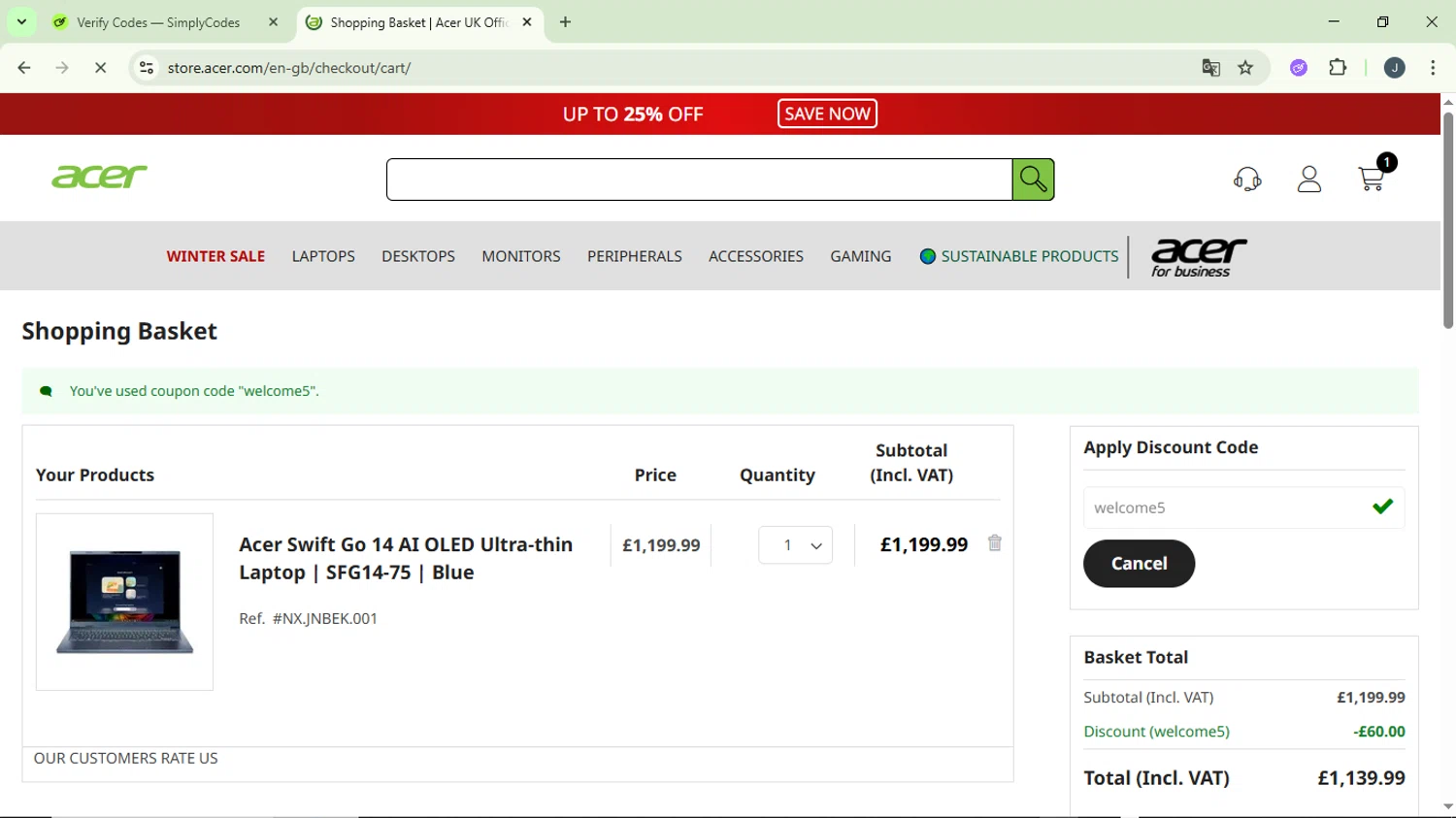 Acer promo code screenshot showing code welcome5 applied at Acer checkout page. Uploaded by SimplyCodes community member GloriousCollector9930 on Jan 29, 2026