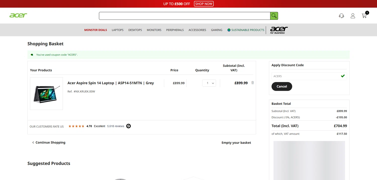 Acer promo code screenshot showing code ACER5 applied at Acer checkout page. Uploaded by SimplyCodes community member Dorothy on Oct 29, 2025