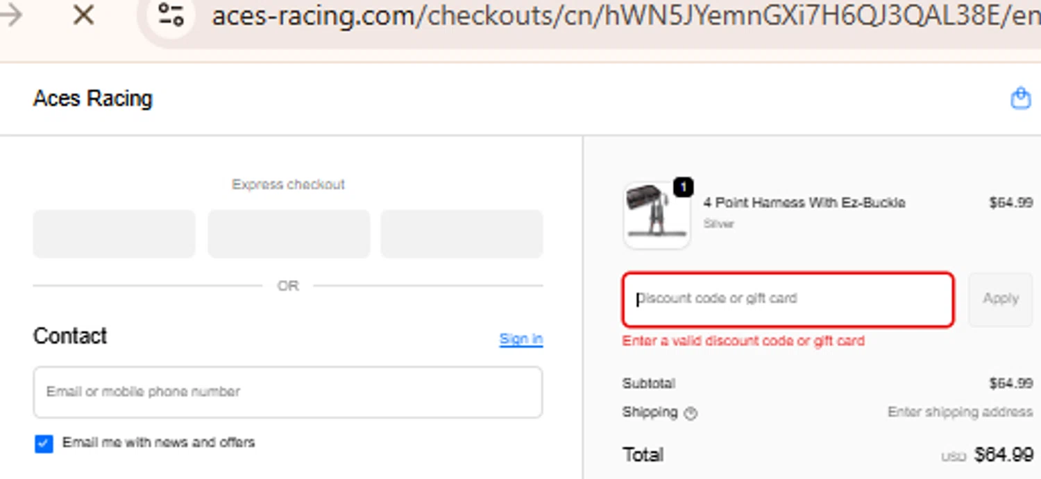 Aces Racing discount code screenshot showing code VETERAN applied at Aces Racing checkout page. Uploaded by SimplyCodes community member BudgetLion5814 on Nov 15, 2025