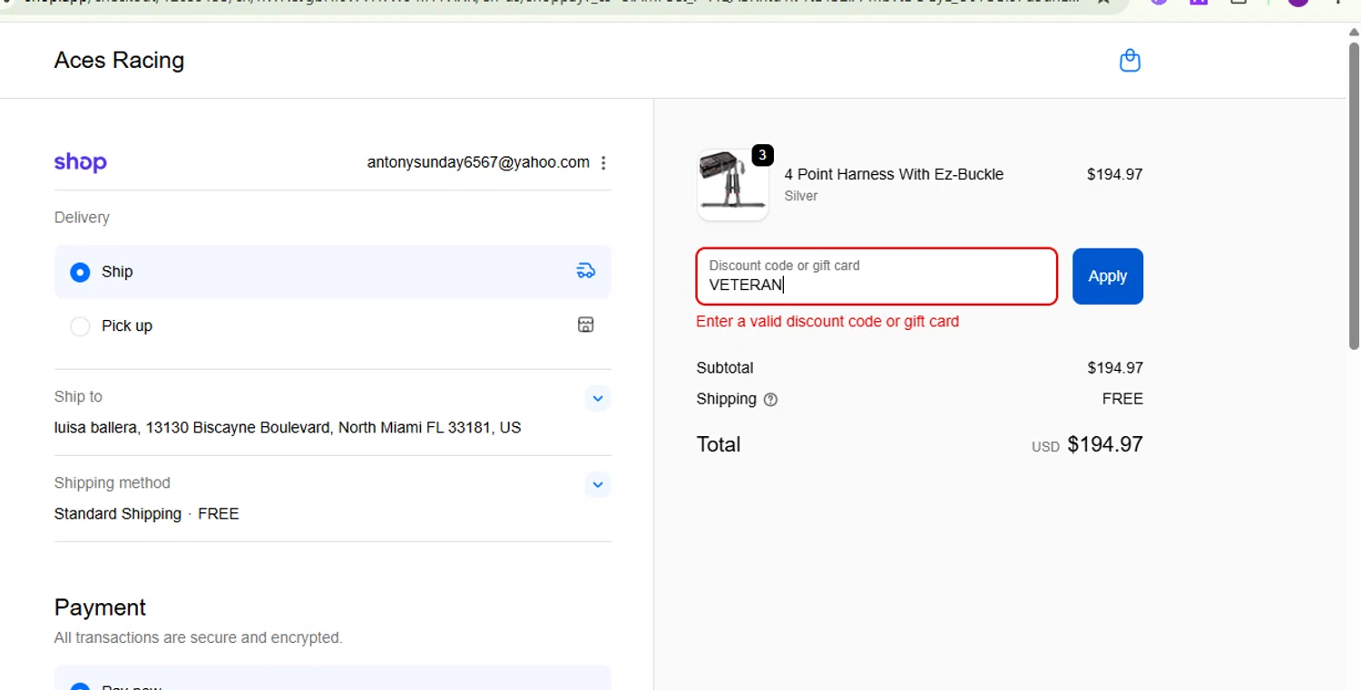 Aces Racing discount code screenshot showing code VETERAN applied at Aces Racing checkout page. Uploaded by SimplyCodes community member Lamadama on Nov 15, 2025