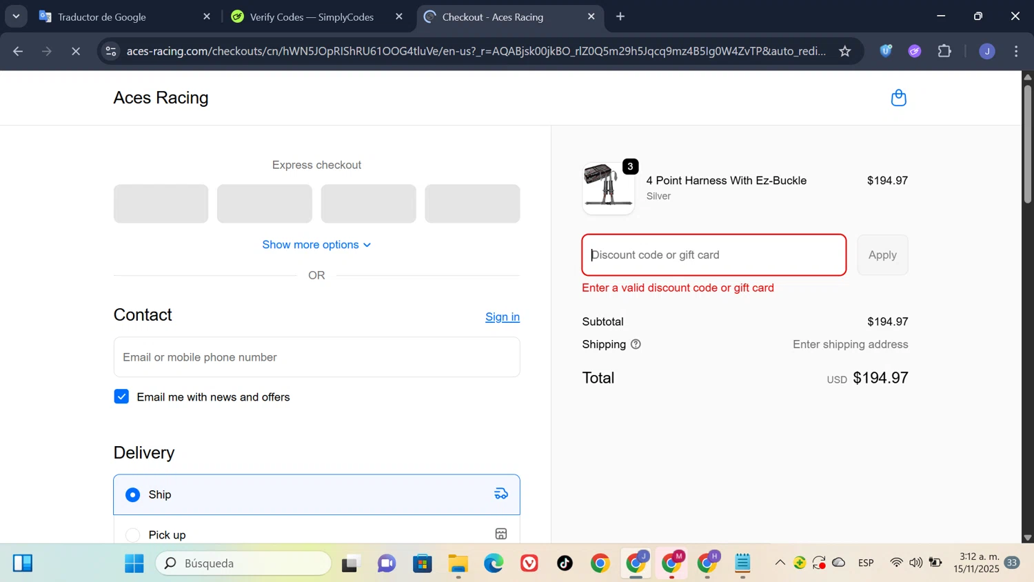 Aces Racing discount code screenshot showing code VETERAN applied at Aces Racing checkout page. Uploaded by SimplyCodes community member thesoldier on Nov 15, 2025