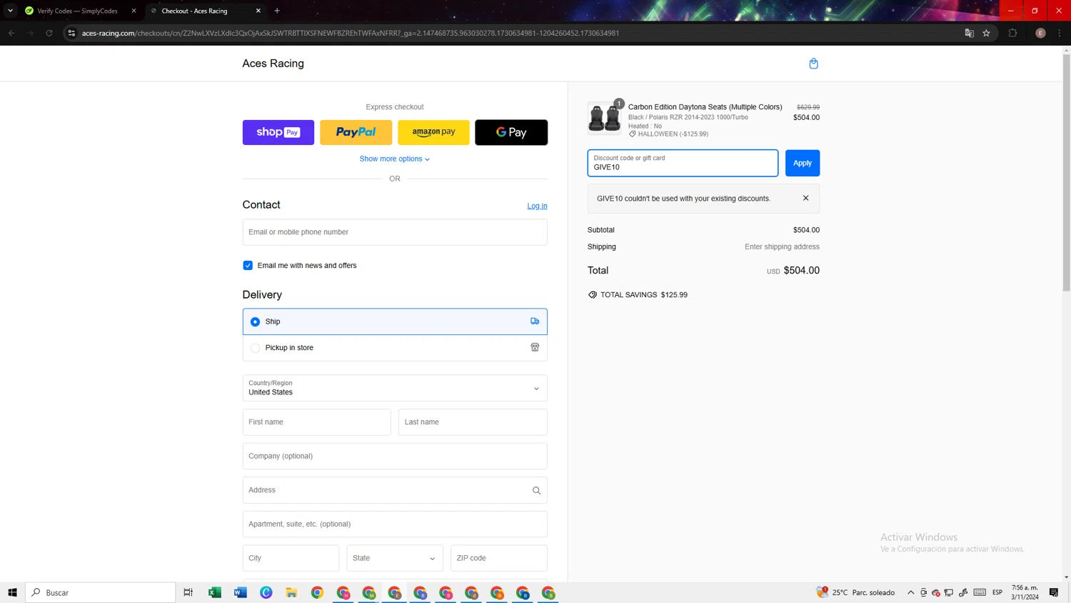 Aces Racing checkout page showing Aces Racing discount code box | Screenshot taken by SimplyCodes community member on Nov 3, 2024