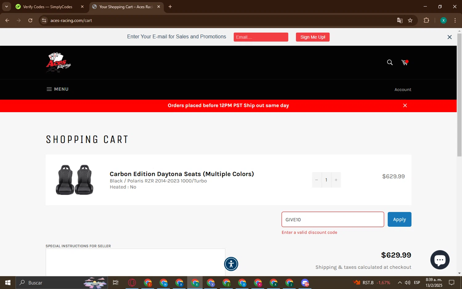 Aces Racing discount code screenshot showing code GIVE10 applied at Aces Racing checkout page. Uploaded by SimplyCodes community member BonusWarden6019 on Feb 13, 2025