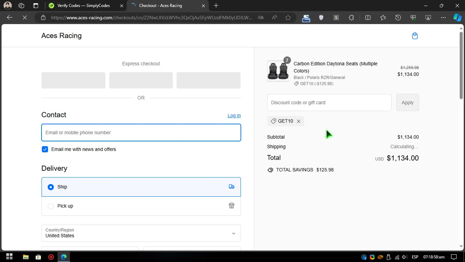 Aces Racing checkout page showing Aces Racing discount code box | Screenshot taken by SimplyCodes community member on Jun 8, 2024