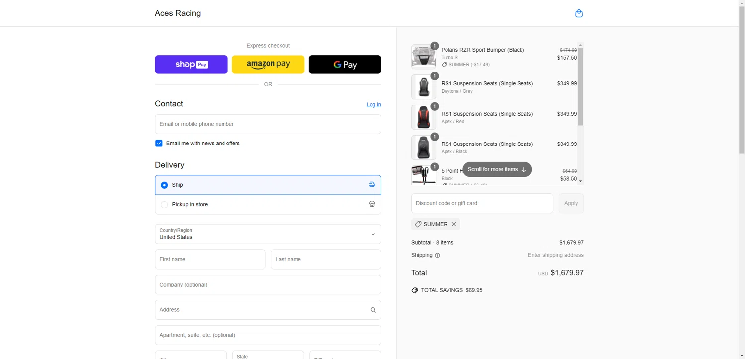 Aces Racing checkout page showing Aces Racing discount code box | Screenshot taken by SimplyCodes community member on Jun 5, 2025
