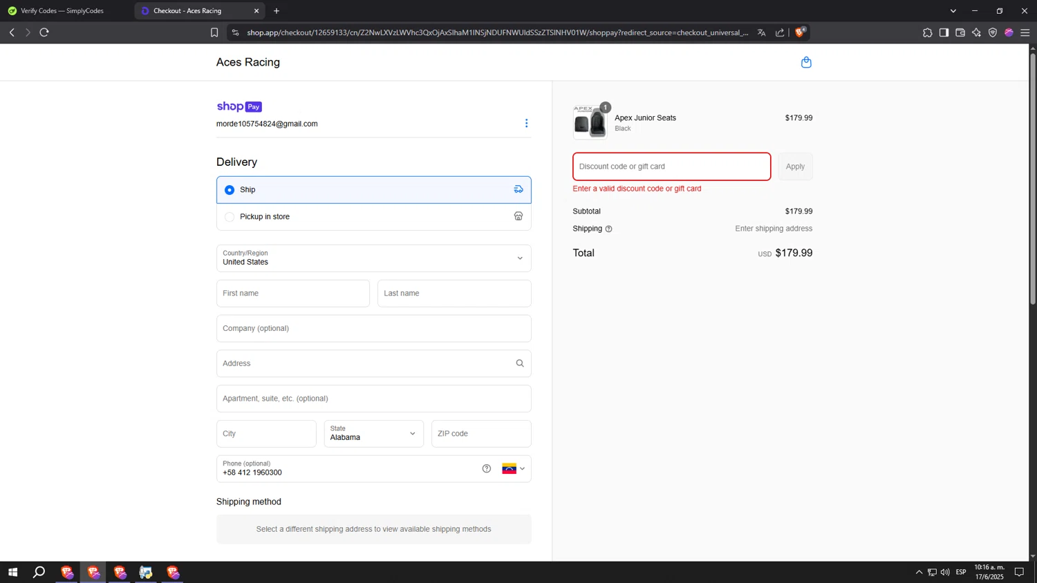 Aces Racing discount code screenshot showing code SUMMER applied at Aces Racing checkout page. Uploaded by SimplyCodes community member Aspiradora on Jun 17, 2025