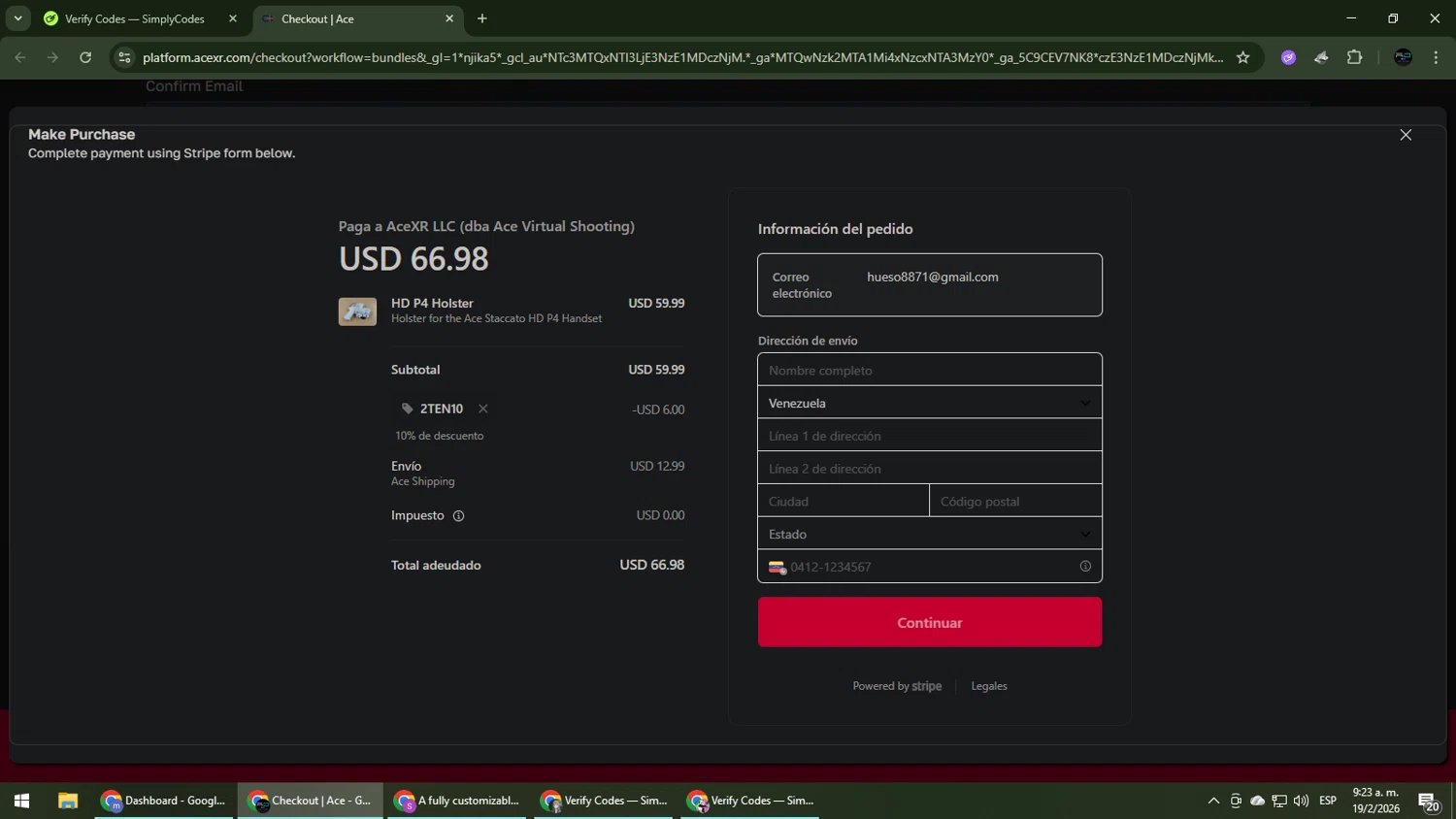 AceXR checkout page showing AceXR discount code box | Screenshot taken by SimplyCodes community member on Feb 19, 2026