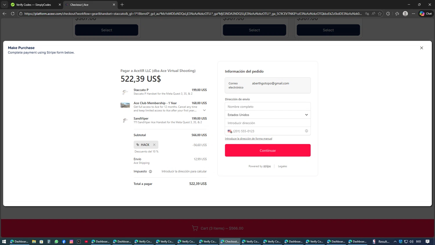AceXR checkout page showing AceXR discount code box | Screenshot taken by SimplyCodes community member on Feb 6, 2026