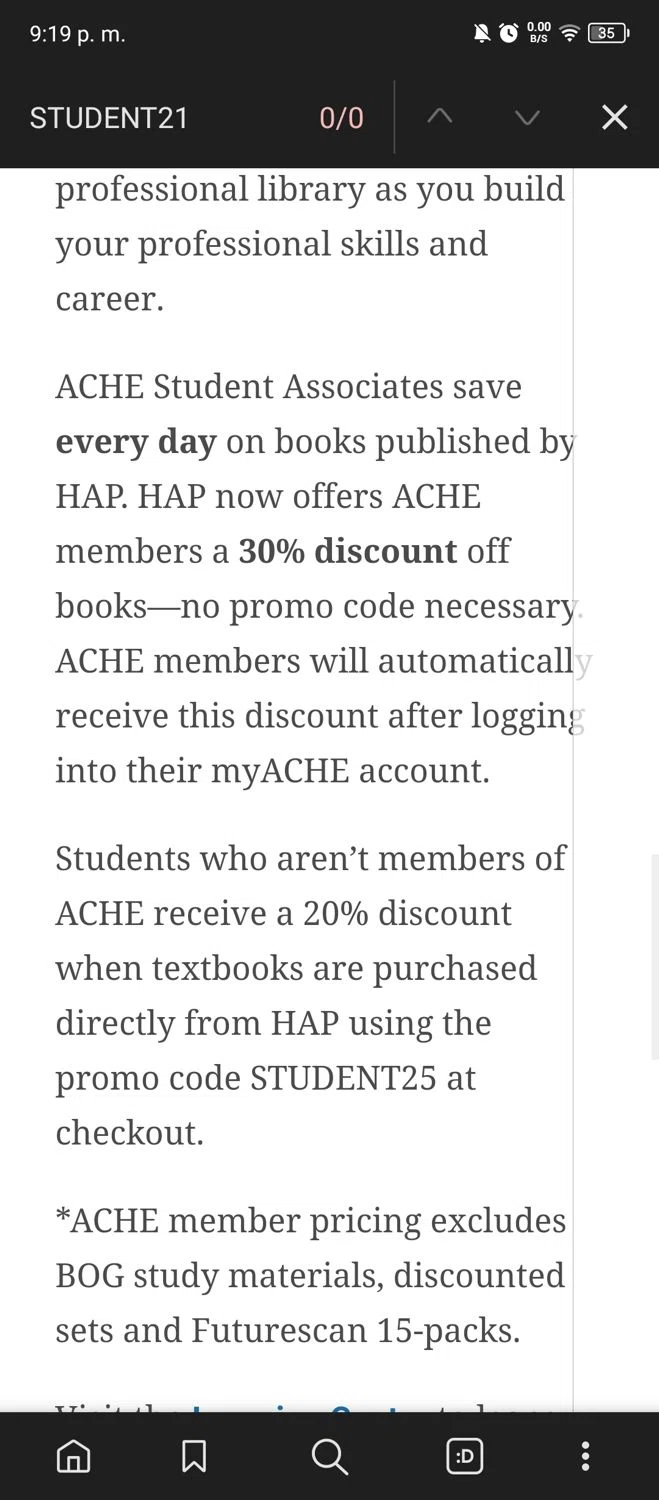 ACHE discount code screenshot showing code STUDENT21 applied at ACHE checkout page. Uploaded by SimplyCodes community member MrWolf on Jan 13, 2025