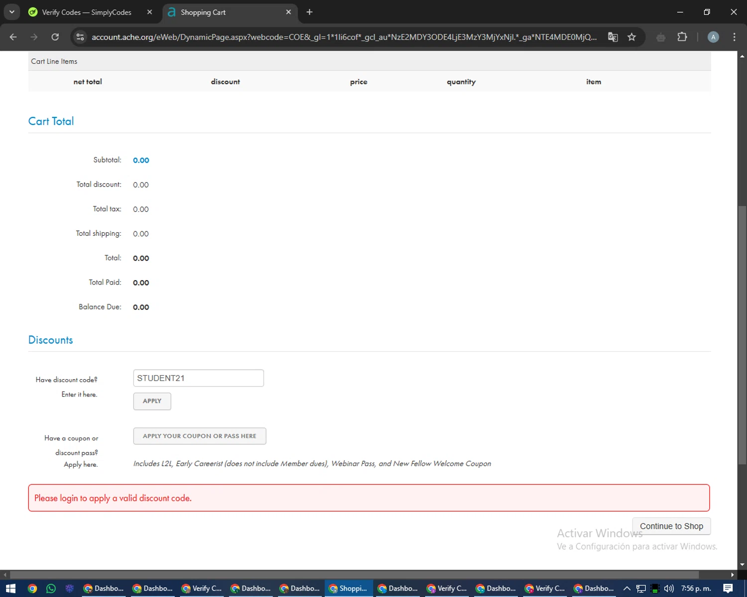 ACHE discount code screenshot showing code STUDENT21 applied at ACHE checkout page. Uploaded by SimplyCodes community member trippieredd on Jan 12, 2025