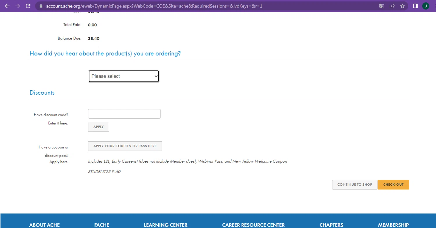 ACHE checkout page showing ACHE discount code box | Screenshot taken by SimplyCodes community member on Feb 4, 2025
