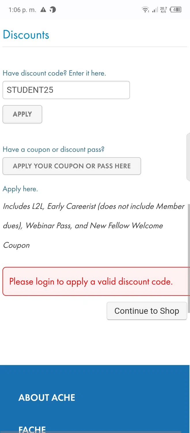 ACHE discount code screenshot showing code STUDENT25 applied at ACHE checkout page. Uploaded by SimplyCodes community member bauxita on May 30, 2025