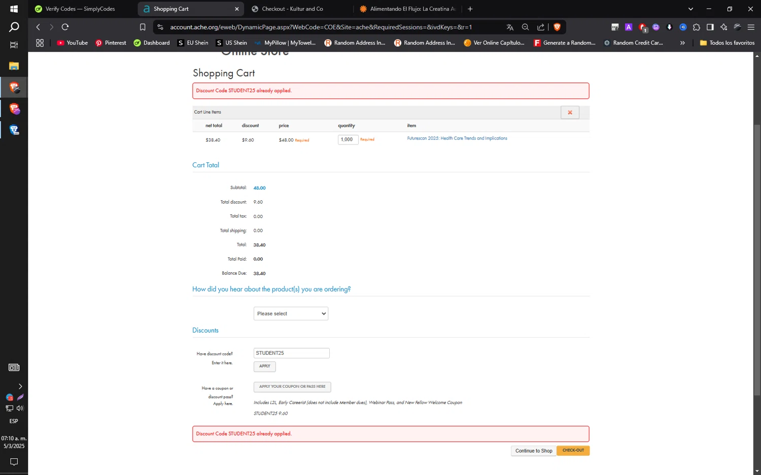 ACHE checkout page showing ACHE discount code box | Screenshot taken by SimplyCodes community member on Mar 5, 2025