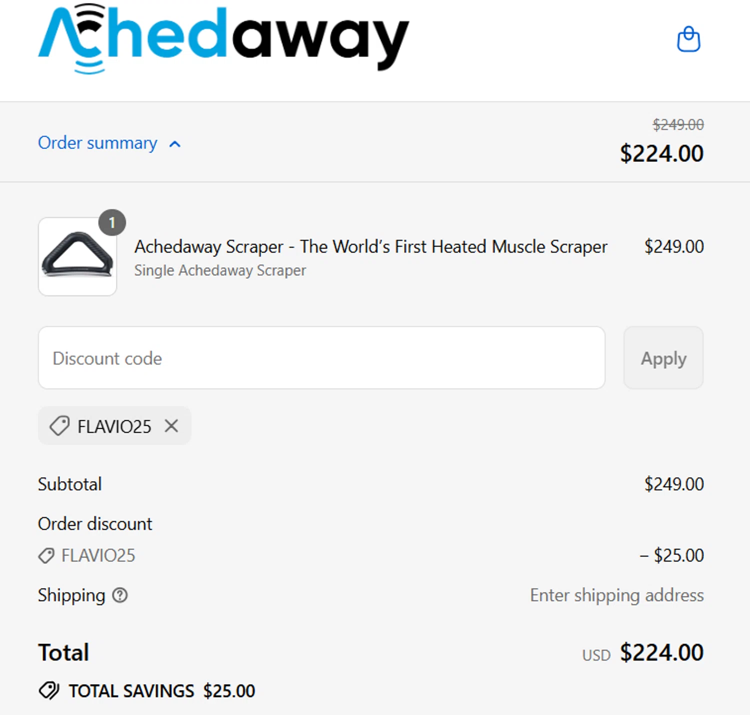 Achedaway promo code screenshot showing code FLAVIO25 applied at Achedaway checkout page. Uploaded by SimplyCodes community member MightyHunter5940 on Aug 26, 2025