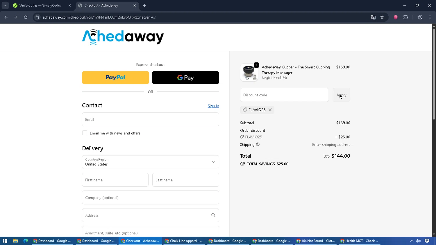 Achedaway promo code screenshot showing code FLAVIO25 applied at Achedaway checkout page. Uploaded by SimplyCodes community member RebateCaptain6440 on Oct 27, 2025