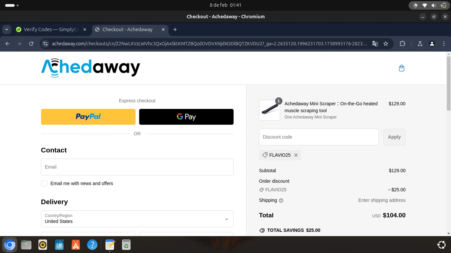 Achedaway promo code screenshot showing code FLAVIO25 applied at Achedaway checkout page. Uploaded by SimplyCodes community member TTTT55 on Feb 8, 2025