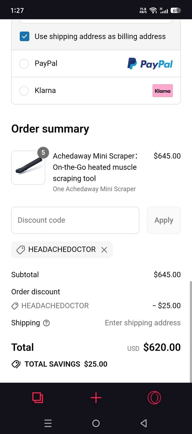 Achedaway promo code screenshot showing code HEADACHEDOCTOR applied at Achedaway checkout page. Uploaded by SimplyCodes community member QuestSeeker7732 on Jul 9, 2025