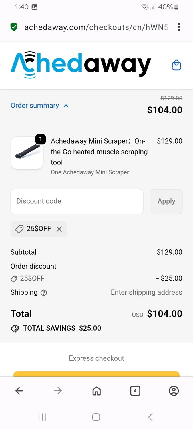 Achedaway promo code screenshot showing code 25$OFF applied at Achedaway checkout page. Uploaded by SimplyCodes community member MoneyMaven5115 on Nov 19, 2025