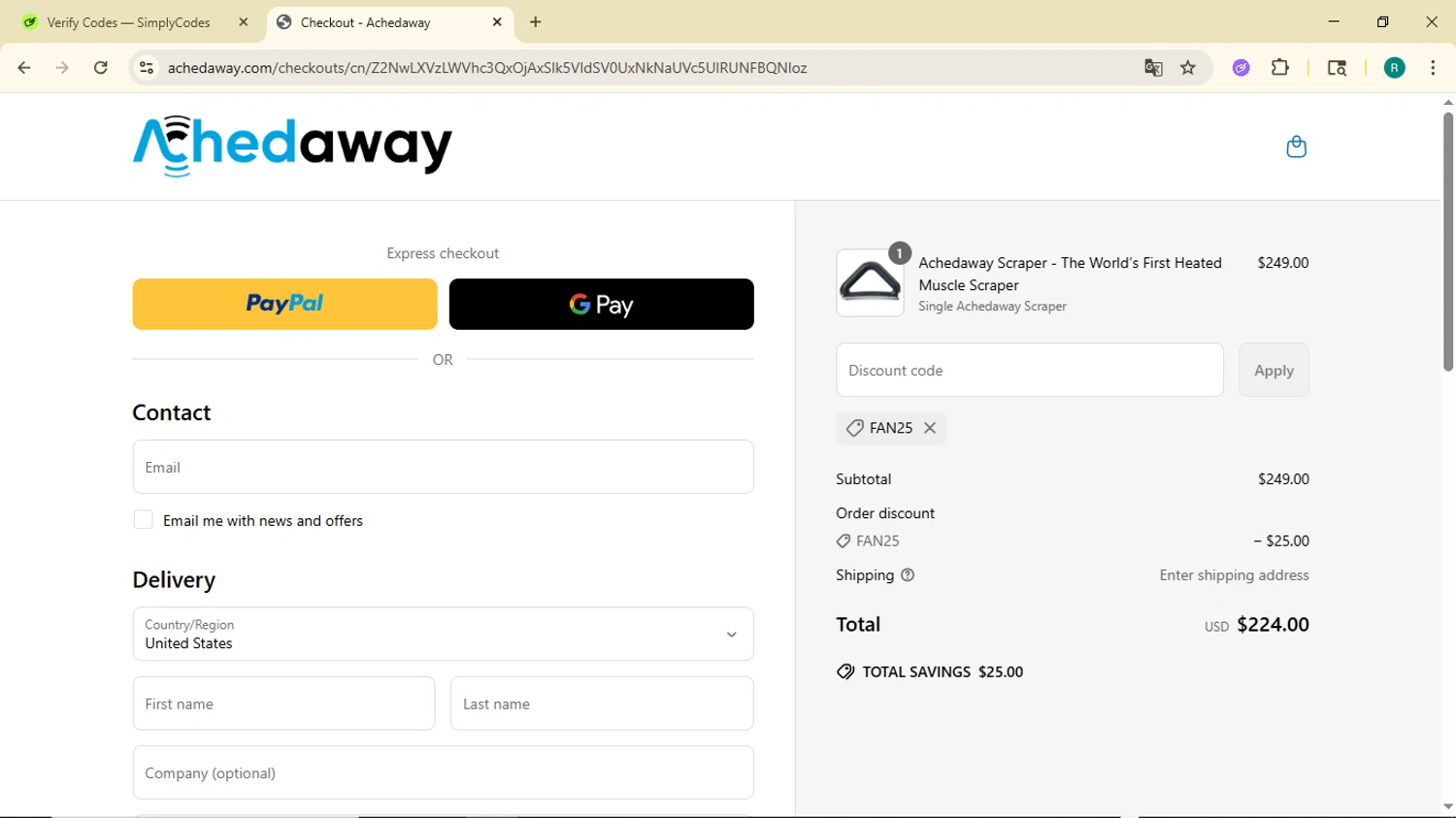 Achedaway promo code screenshot showing code FAN25 applied at Achedaway checkout page. Uploaded by SimplyCodes community member BargainMonarch6495 on Jun 21, 2025
