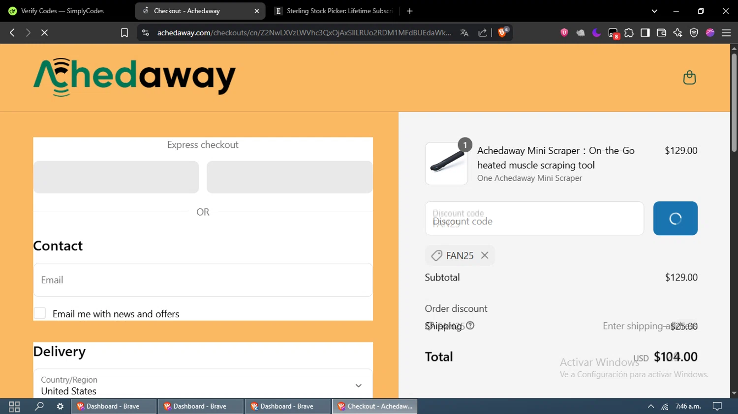 Achedaway promo code screenshot showing code FAN25 applied at Achedaway checkout page. Uploaded by SimplyCodes community member MoneyFox4293 on Jun 25, 2025