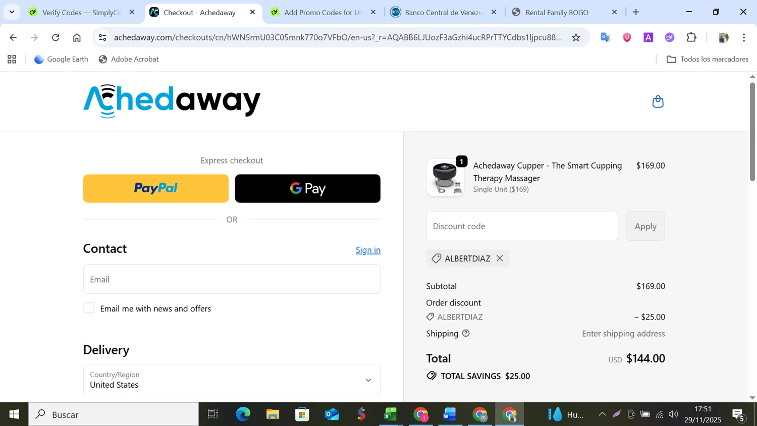 Achedaway promo code screenshot showing code ALBERTDIAZ applied at Achedaway checkout page. Uploaded by SimplyCodes community member NobleMonarch5837 on Nov 29, 2025