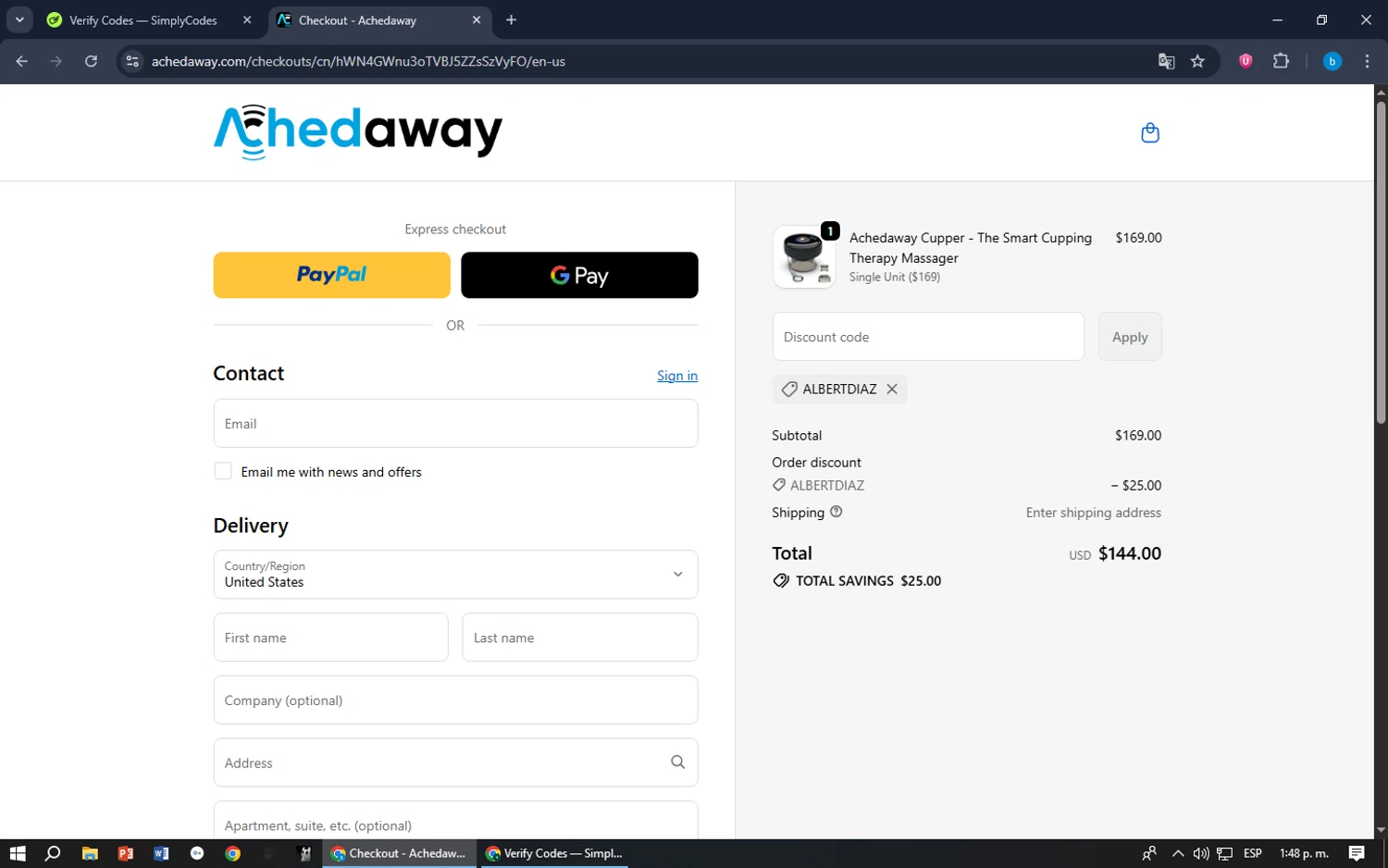 Achedaway promo code screenshot showing code ALBERTDIAZ applied at Achedaway checkout page. Uploaded by SimplyCodes community member bilijr on Oct 18, 2025
