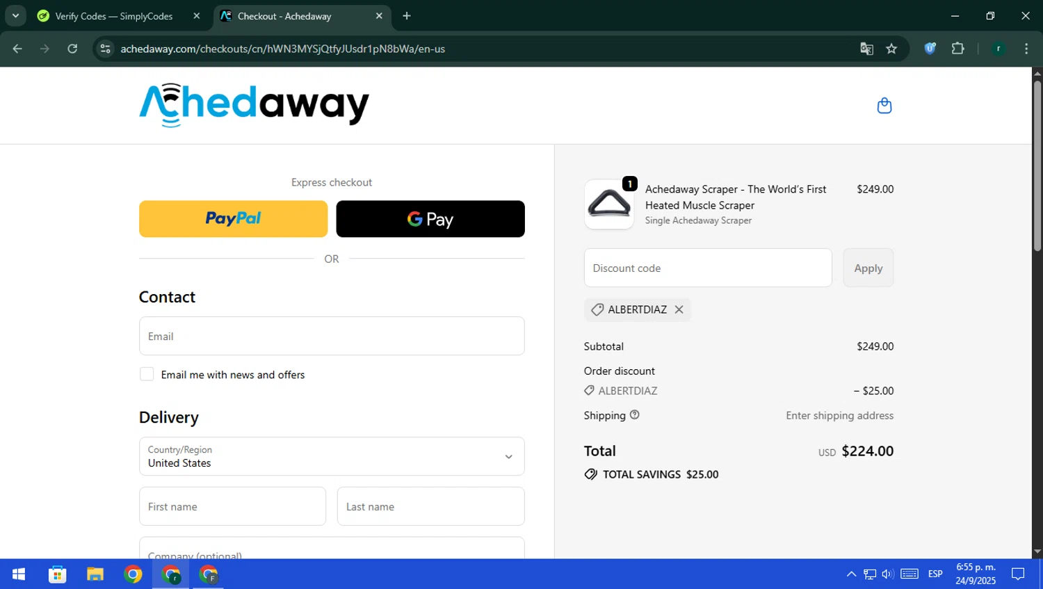 Achedaway promo code screenshot showing code ALBERTDIAZ applied at Achedaway checkout page. Uploaded by SimplyCodes community member rodri1 on Sep 24, 2025