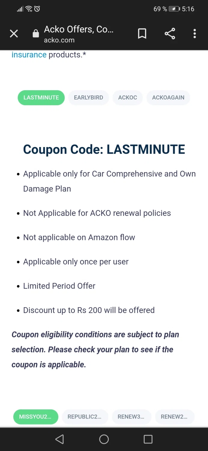 Acko checkout page showing Acko promo code box | Screenshot taken by SimplyCodes community member on Feb 2, 2022