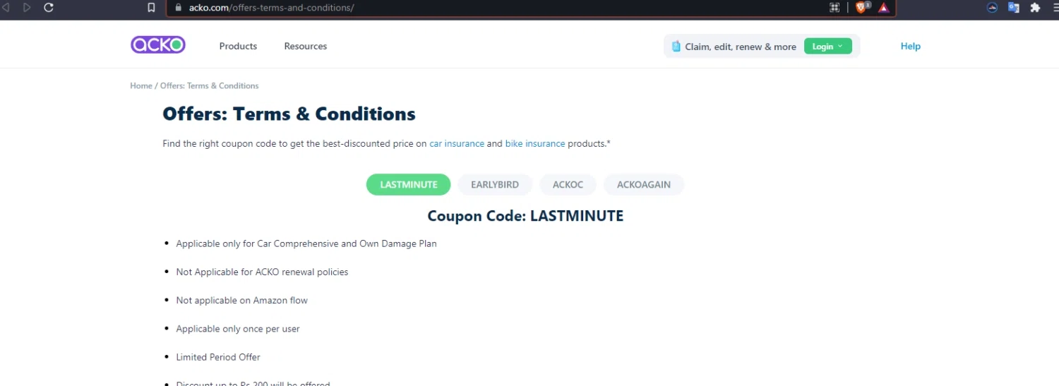 Acko checkout page showing Acko promo code box | Screenshot taken by SimplyCodes community member on Nov 19, 2021
