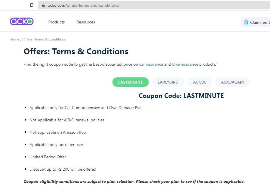 Acko checkout page showing Acko promo code box | Screenshot taken by SimplyCodes community member on Nov 3, 2021