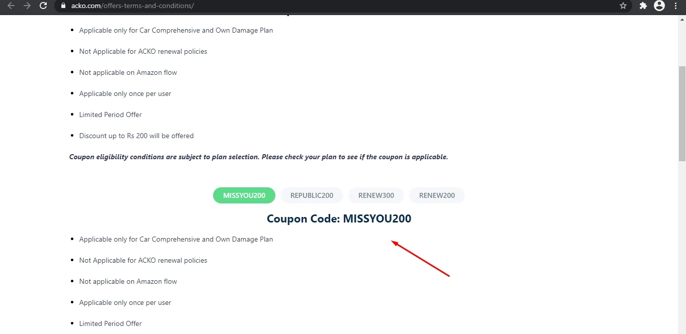 Acko checkout page showing Acko promo code box | Screenshot taken by SimplyCodes community member on Dec 7, 2021