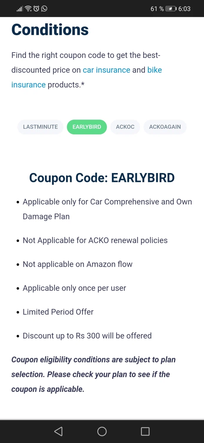 Acko checkout page showing Acko promo code box | Screenshot taken by SimplyCodes community member on Feb 2, 2022