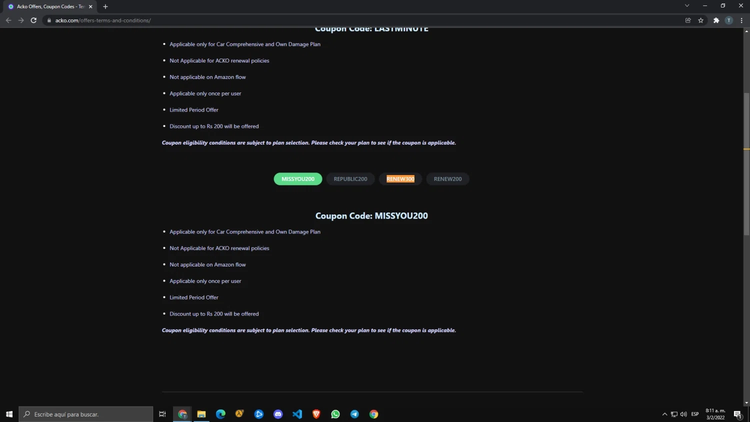 Acko checkout page showing Acko promo code box | Screenshot taken by SimplyCodes community member on Feb 3, 2022