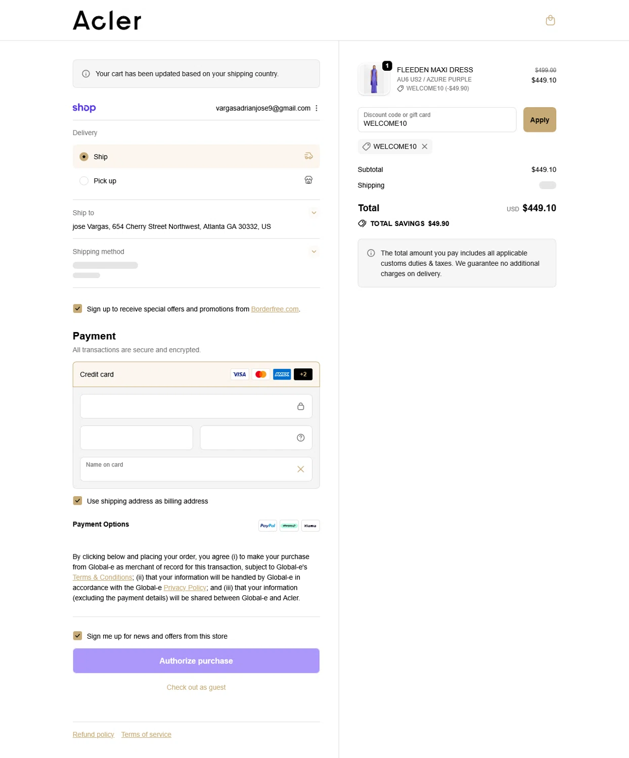 Acler checkout page showing Acler discount code box | Screenshot taken by SimplyCodes community member on Sep 25, 2025