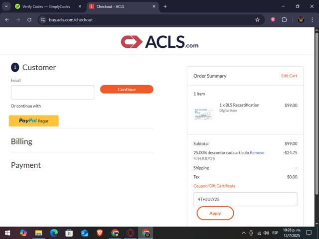 ACLS Certification Institute checkout page showing ACLS Certification Institute promo code box | Screenshot taken by SimplyCodes community member on Jul 13, 2025