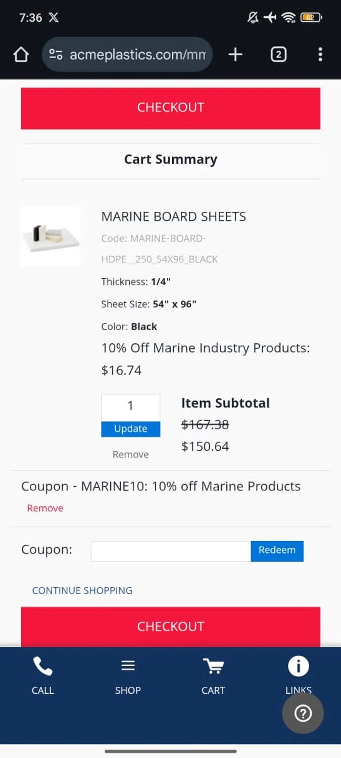 Acme Plastics promo code screenshot showing code MARINE10 applied at Acme Plastics checkout page. Uploaded by SimplyCodes community member RoyalSpotter5217 on Jan 30, 2026