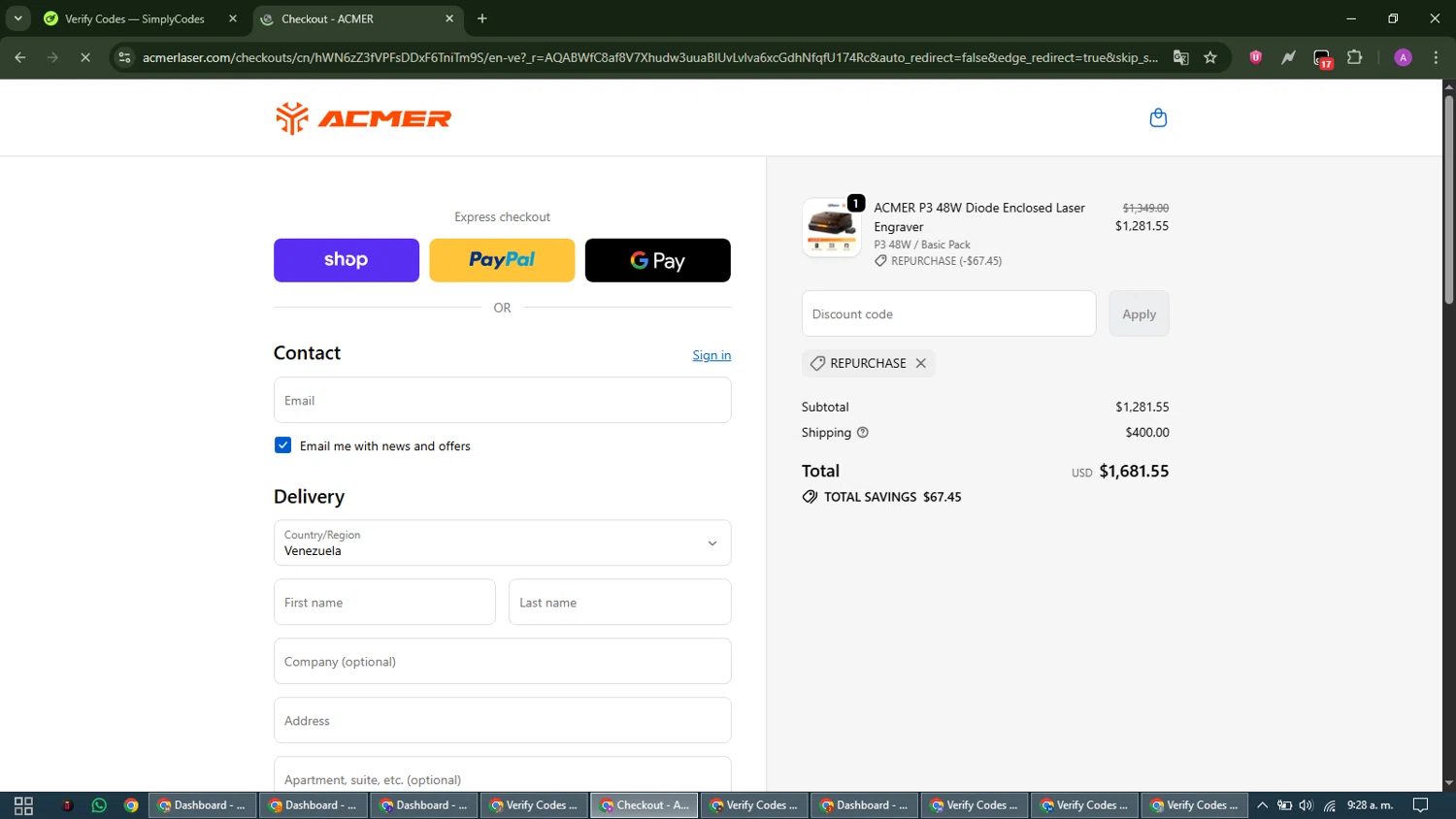 ACMER promo code screenshot showing code REPURCHASE applied at ACMER checkout page. Uploaded by SimplyCodes community member CouponScout5403 on Dec 29, 2025