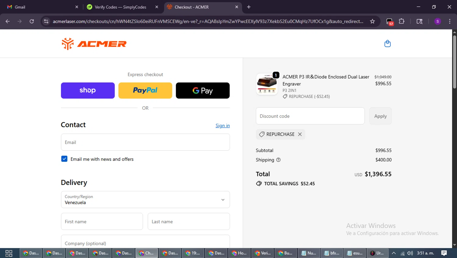 ACMER promo code screenshot showing code REPURCHASE applied at ACMER checkout page. Uploaded by SimplyCodes community member ShieldWarden7838 on Nov 4, 2025