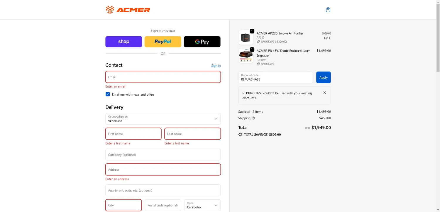 ACMER promo code screenshot showing code REPURCHASE applied at ACMER checkout page. Uploaded by SimplyCodes community member aver_136263192 on Oct 4, 2025