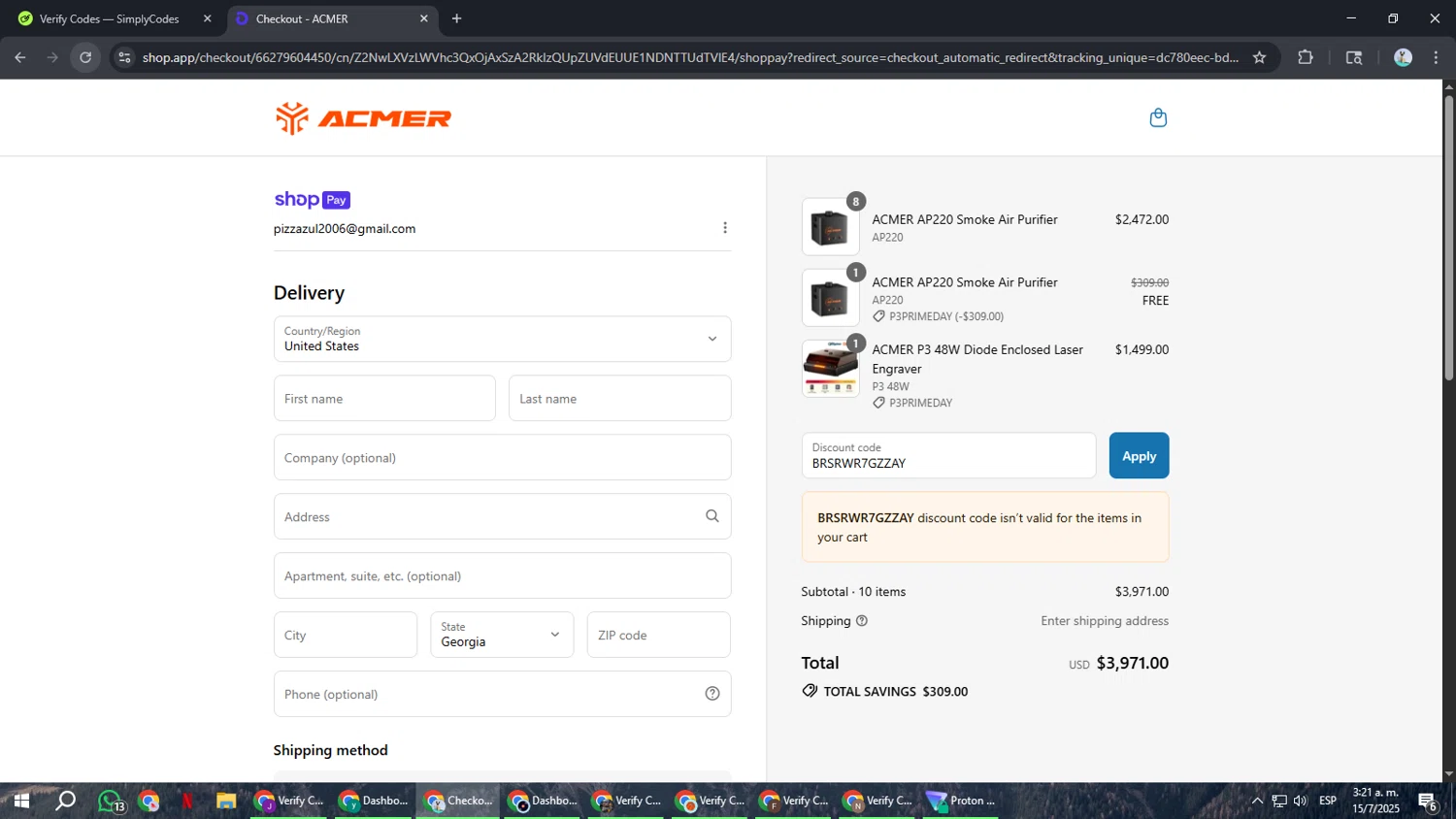 ACMER promo code screenshot showing code BRSRWR7GZZAY applied at ACMER checkout page. Uploaded by SimplyCodes community member ShrewdSeeker6165 on Jul 15, 2025