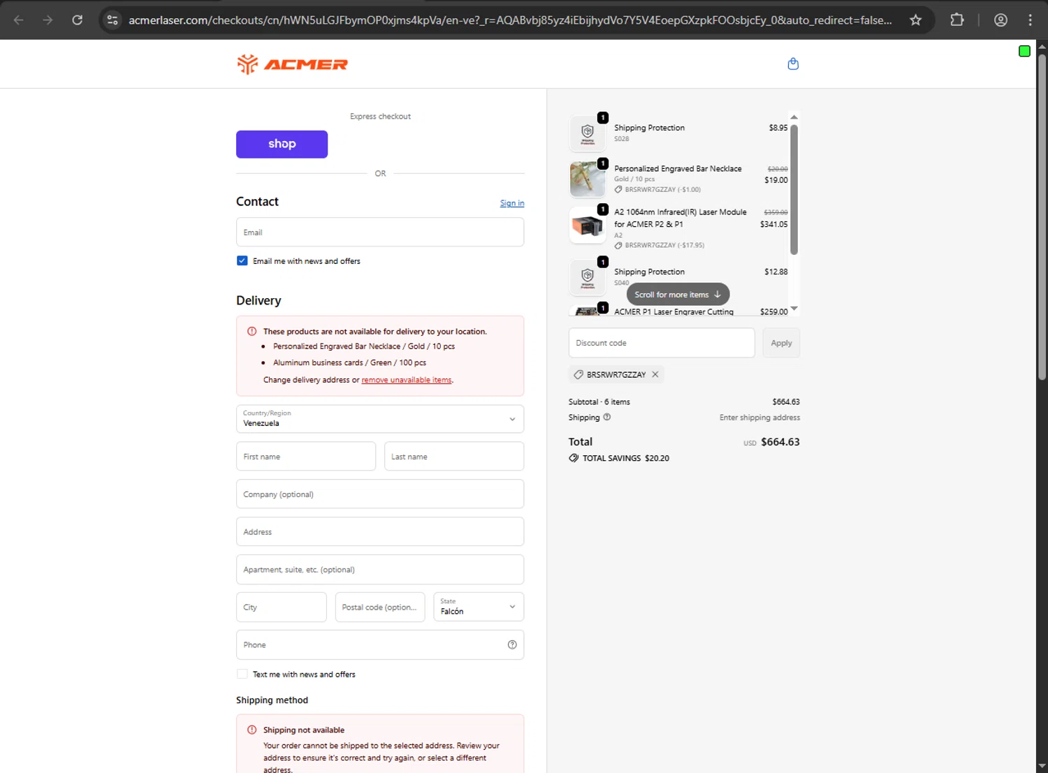 ACMER promo code screenshot showing code BRSRWR7GZZAY applied at ACMER checkout page. Uploaded by SimplyCodes community member ValiantFox2134 on Nov 30, 2025