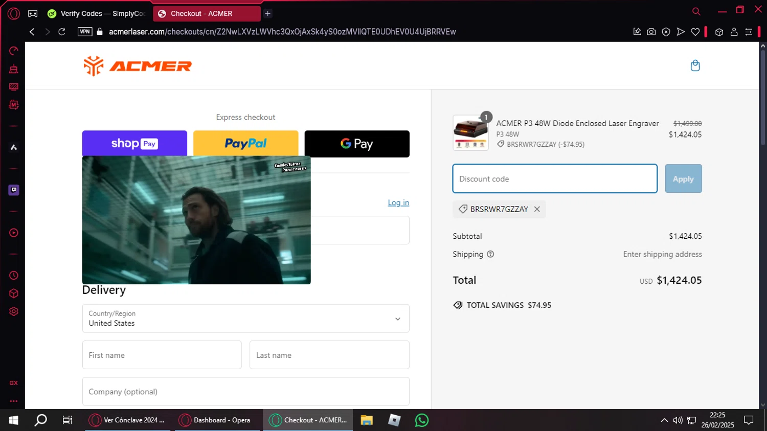 ACMER promo code screenshot showing code BRSRWR7GZZAY applied at ACMER checkout page. Uploaded by SimplyCodes community member DiscountFinder7150 on Feb 27, 2025