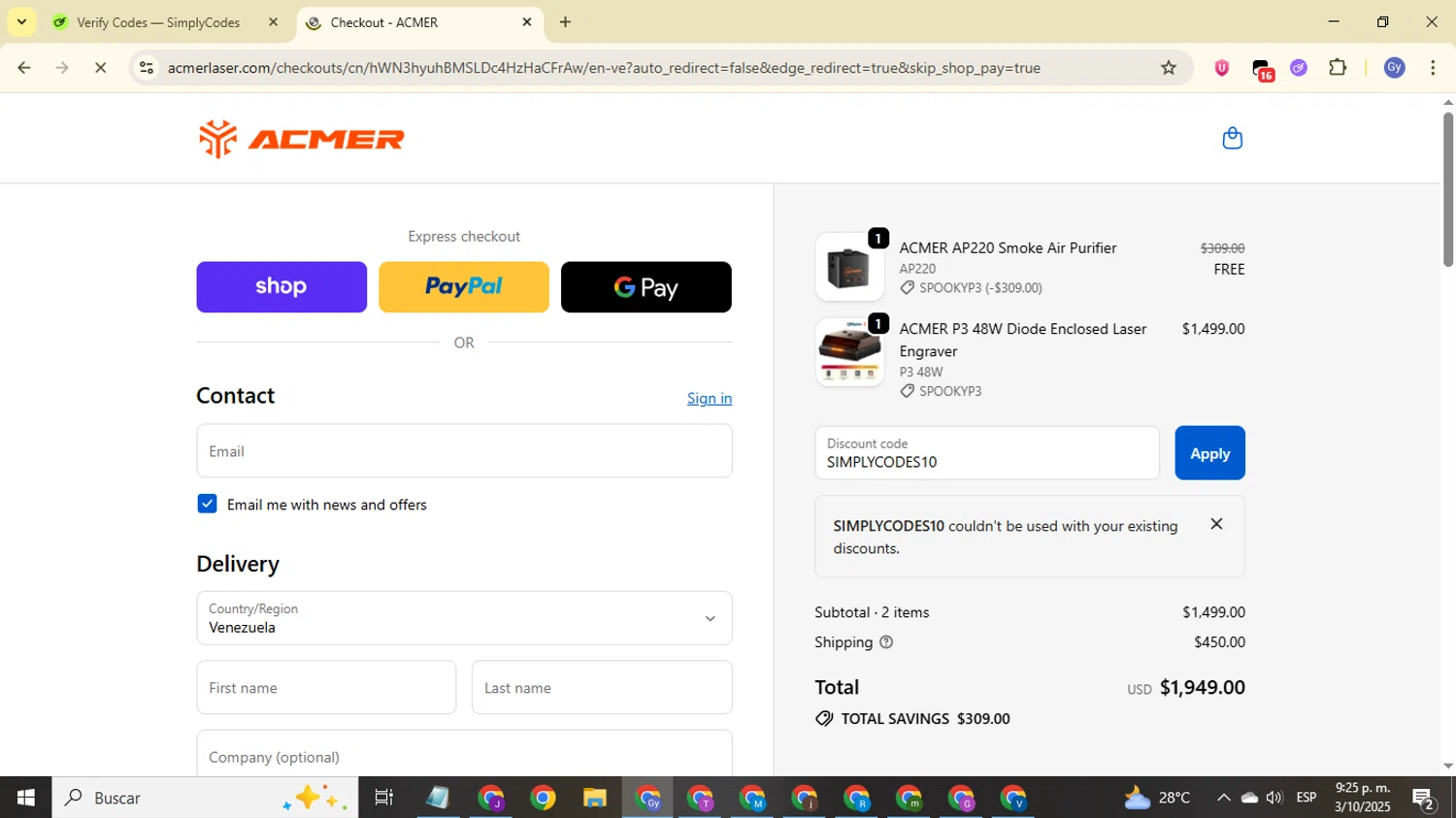 ACMER promo code screenshot showing code SIMPLYCODES10 applied at ACMER checkout page. Uploaded by SimplyCodes community member FrugalOwl962 on Oct 4, 2025