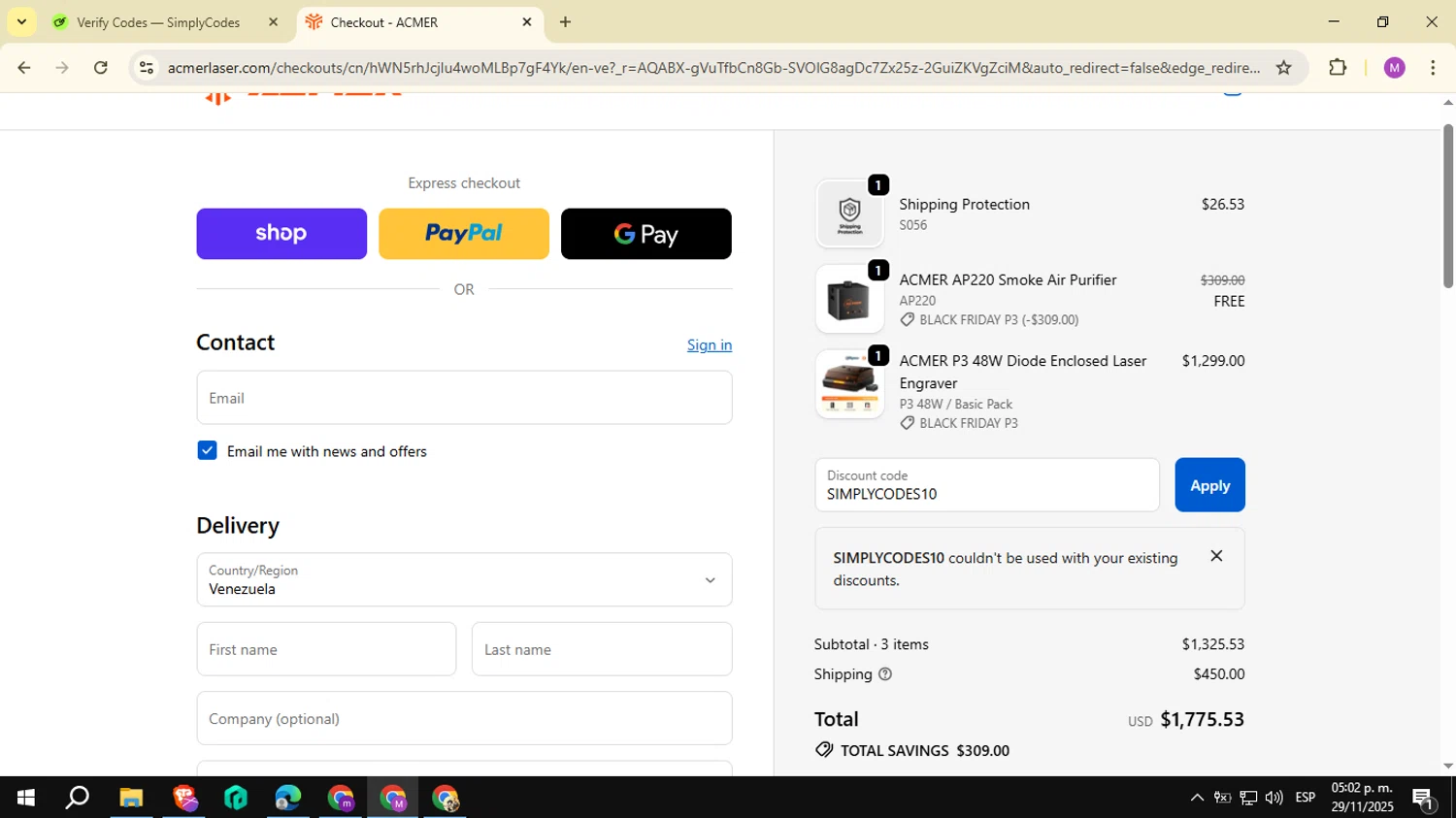 ACMER promo code screenshot showing code SIMPLYCODES10 applied at ACMER checkout page. Uploaded by SimplyCodes community member NobleSeeker3177 on Nov 29, 2025