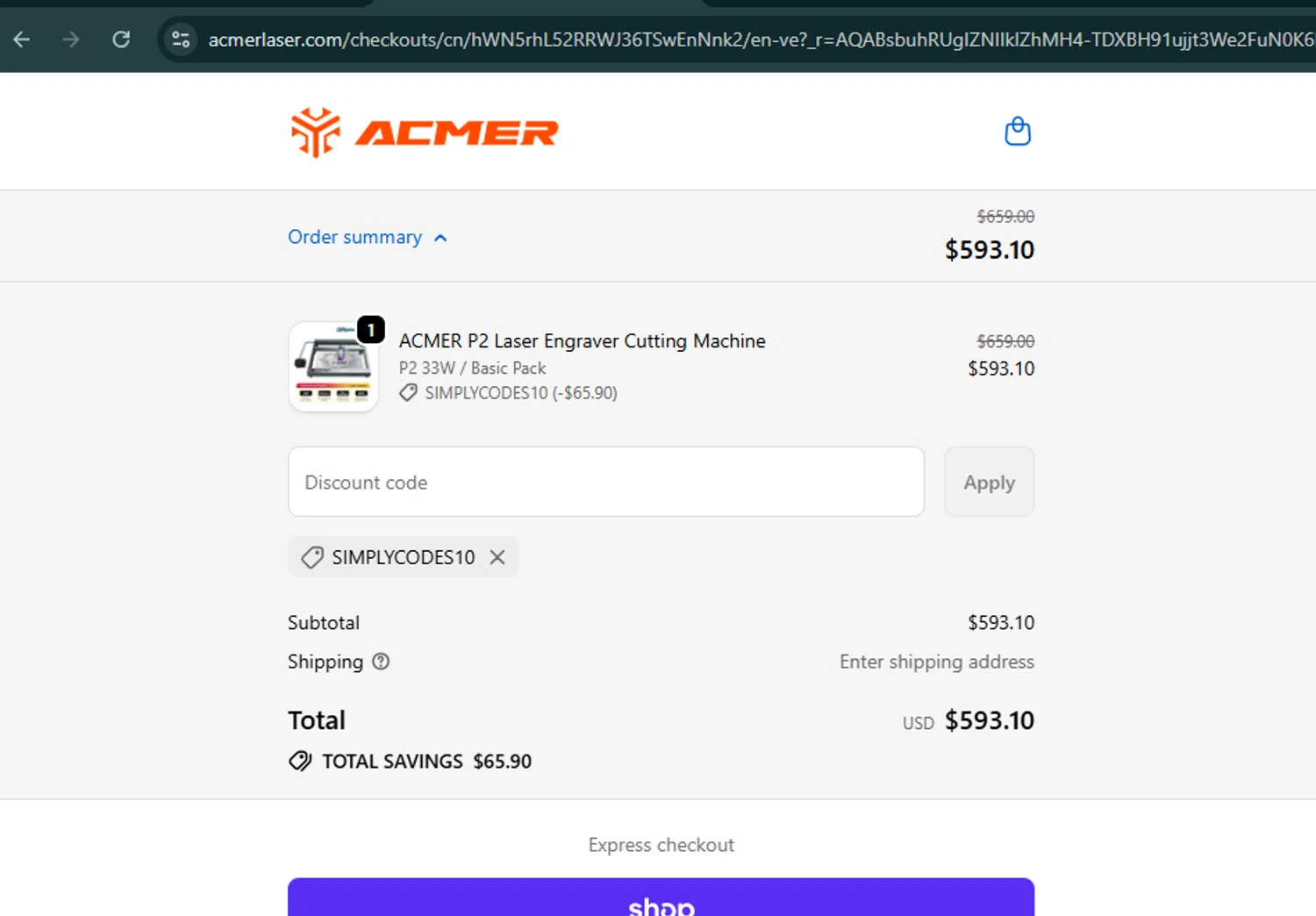 ACMER promo code screenshot showing code SIMPLYCODES10 applied at ACMER checkout page. Uploaded by SimplyCodes community member SalePro7215 on Nov 29, 2025