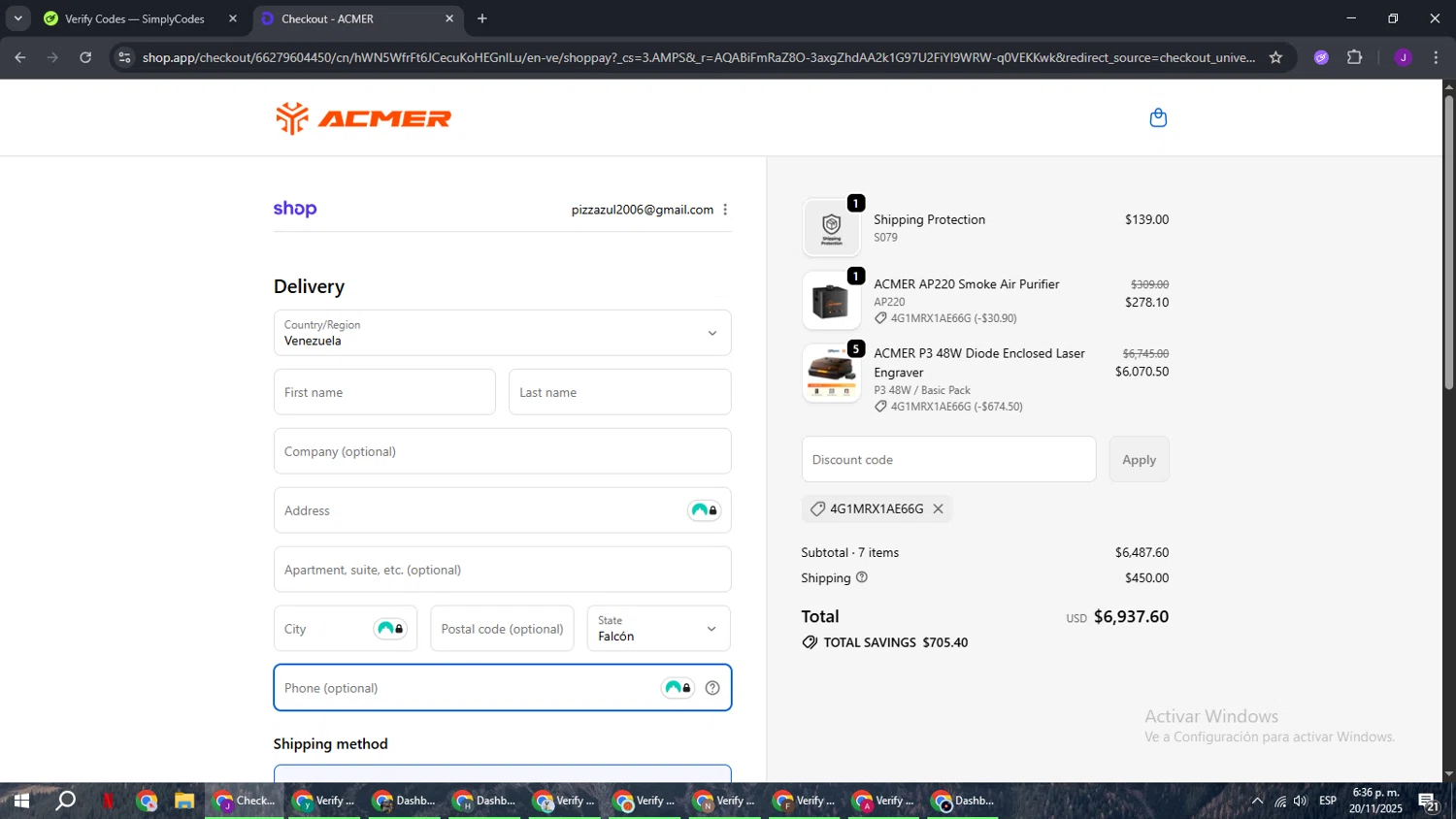 ACMER promo code screenshot showing code 4G1MRX1AE66G applied at ACMER checkout page. Uploaded by SimplyCodes community member ComeBurra123 on Nov 20, 2025