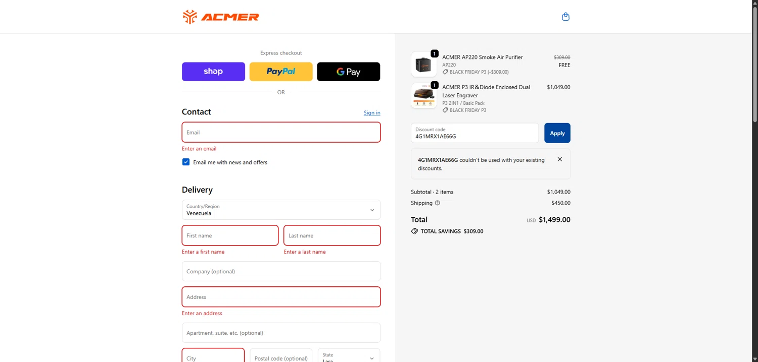 ACMER promo code screenshot showing code 4G1MRX1AE66G applied at ACMER checkout page. Uploaded by SimplyCodes community member FortunateElite6708 on Nov 20, 2025