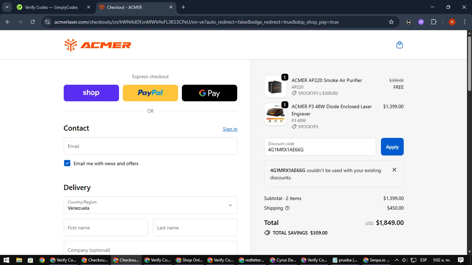 ACMER promo code screenshot showing code 4G1MRX1AE66G applied at ACMER checkout page. Uploaded by SimplyCodes community member MagnificentScout194 on Oct 28, 2025